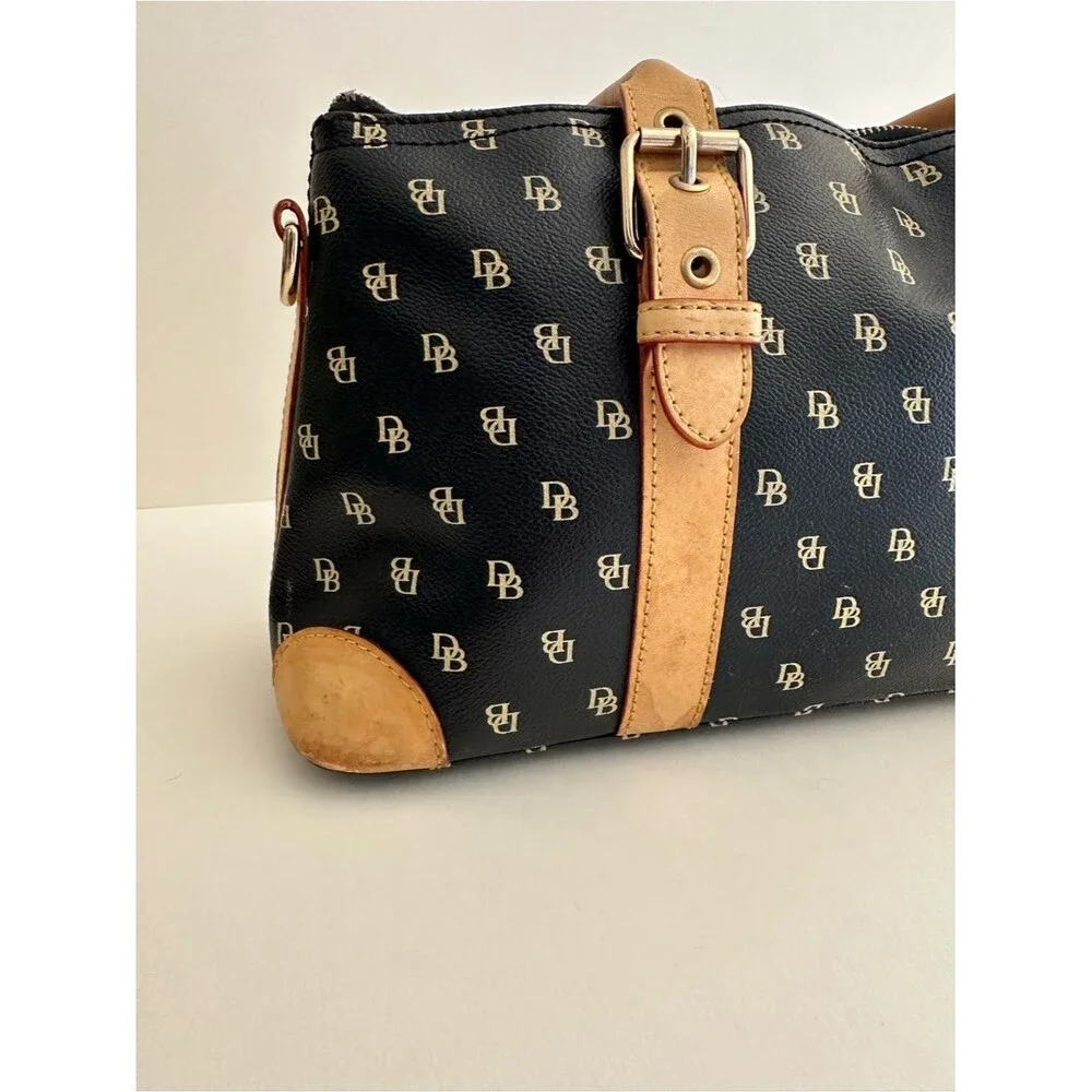 Dooney & Bourke y2k Black Boston Monogram Tan Leather Trim Satchel